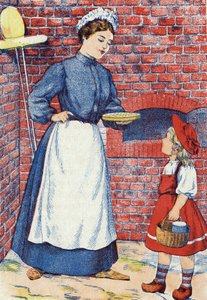 Menj, vidd el azt a süteményt és azt a fazék vajat a nagymamádnak. Névtelen illusztráció a „Piroska” című meséhez, Charles Perrault (1628-1703) francia írótól. Képek Marcel Vagne, Jarville Nancy, dátum nélküli (19. század vége). alkotó: Unknown artist