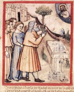 Isten megjelenik Jákobnak, aki egy miniatűr oltárt épített a 212-es kódexből (vagy Padovano kódexből vagy Páduai Bibliából) 1390-1400 Rovigo, Accademia dei Concordi alkotó: Unknown artist