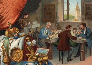 Ötvös műhely, ékszerész: arany hegesztése, vésése. alkotó: Unknown artist
