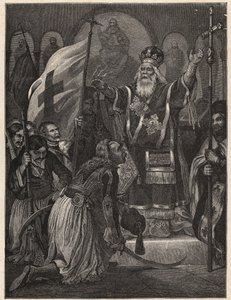 Görög függetlenségi háború 1821 - 1829: III. Germanos (Germain) ópatraszi püspök (Georgios Gotzias) megáldja a szabadságharc zászlaját, Agia Lavra kolostor (Sainte Laure du Peloponnese), 1821. március 21. - festés utáni metszet alkotó: Unknown artist