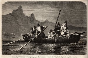 Grönlandi Umyak, nők által üzemeltetett hajótípus. Doctor Hayes, az Egyesült Államok haditengerészetének sebésze által 1860-1862-ben végzett metszet az Északi-sark szabadtengerére vezető utazás szemléltetésére, megjelent a „Le tour du monde, nouveau Journa alkotó: Unknown artist