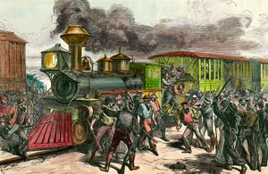 Greve a Baltimore-t összekötő vasútvonalon (Ohio állam) A munkások sofőröket és mérnököket üldöznek egy Baltimore-ba tartó vonatról. 1877 19. századi metszet Magángyűjtemény alkotó: Unknown artist