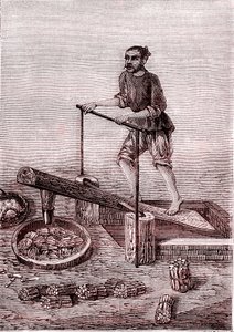 Bambuszdarabok őrlése és morzsolása, papírgyártás Kínában (Kr.e. 3. század) (metszet) alkotó: Unknown Artist