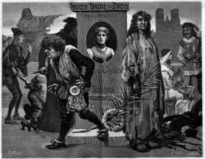 Gringoire, Quasimodo, La Esmeralda, La Sachette és Phoebus. Főszereplők a Theater des Nations-ben képviselt „” Notre Dame de Paris” című színházi darabban, Paul Meurice (1912-1979) drámájában, Victor Hugotól (1802-1885). Metszet a „” Le Monde illust alkotó: Unknown artist