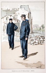 A béke őrzői (Párizs első székhelye 1870-1871). Színes rézkarc, illusztrációként „” A békefenntartók hadtestének története”” című könyv Louis Lepine (1846-1933) Szajna menti rendőrprefektusa gondozásában jelent meg, Alfred Rey (1864-? alkotó: Unknown artist