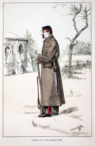 Friedenswächter mobilisiert (1871). Farbradierung zur Illustration „Histoire du corps des gardiens de la paix“ Buch veröffentlicht unter der Schirmherrschaft von Louis Lepine (1846-1933) Polizeipräfekt der Seine, von Alfred Rey (1864-?) und Louis Feron (18