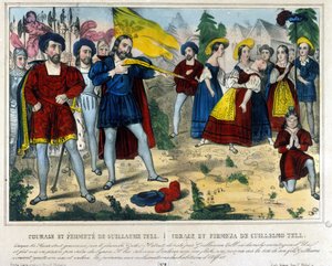 Guillaume Tell (William Tell) (a svájci függetlenség legendás hőse). A barbár Gesler arra kényszeríti Guillaume Tellet, hogy egy nyíllal távolítsa el a gyermeke fejére helyezett almát. 19. századi metszet alkotó: Unknown artist