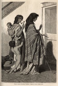 Cigányasszonyok és gyerekek, rongyos vagy félmeztelenül, háztól-házig almon kérnek Essekben (Duna-medence). Georges Perrot 1868-as metszete a déli szlávok utazási emlékeinek illusztrálására, megjelent a „Le tour du monde” 1870-1871-ben, szerkesztés alkotó: Unknown artist