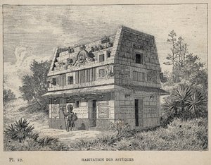 Habitation des Asteques (Aztékok) (az aztékok egy része) – 1889-es metszet az „Emberi lakhatás története az 1889-es egyetemes kiállításon, Charles GARNIER úr – Librairie centrale des beaux-arts Paris 1889 című könyvében alkotó: Unknown artist