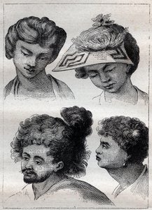 Taiti (Tahiti) lakosainak frizurái - illusztráció a „18. századi nagy tengerészek” című könyvből alkotó: Unknown artist
