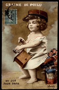 Szőrös mag - gyümölcslé apának: egy gyerek kávét formáz, képeslap, 20. század eleje. alkotó: Unknown Artist