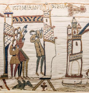 Halley-üstökös és Harold rossz híreket kap, Bayeux gobelin (gyapjú hímzés vászonra) alkotó: Unknown artist