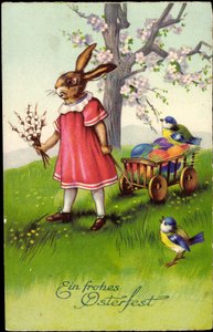 Boldog Húsvétot, Húsvéti nyuszi húzza a szekeret, húsvéti tojások, verebek alkotó: Unknown Artist