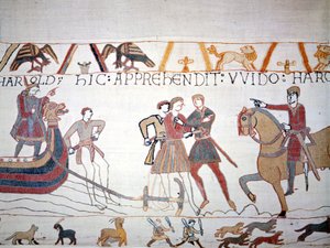 II. Harold (1022-1066) Normandiában szállt partra, ahol I. Hódító Vilmos (1027-1087) elfogta. Bayeux gobelin, Mathilde királynő hímzéseként ismert alkotó: Unknown artist
