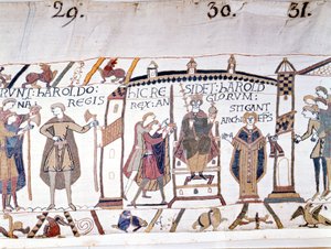 II. Haroldot (1022-1066) Hitvalló Edward halálakor kiáltották ki királlyá 1066-ban, de hamarosan meghalt a hastingsi csatában. Bayeux gobelin vagy Mathilde királynő hímzése alkotó: Unknown artist