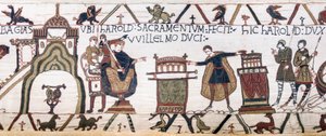 Harold szent esküt tesz Williamnek Bayeux-ban, Bayeux Gobelin (gyapjú hímzés vászonra) alkotó: Unknown artist