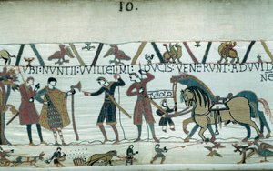 Haroldot, aki azért jött, hogy tájékoztassa Normandia Hódító Vilmos hercegét (1027-1087), hogy Hitvalló Edward halálakor Anglia koronájának utódja lesz, Guy de Ponthieu gróf fogságába esett. Normandia hercege követeket küldött ide alkotó: Unknown artist