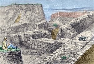 Heinrich Schliemann rajzokat készít Trója (Hissarlik) falairól az ásatások során alkotó: Unknown artist