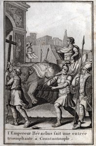 I. Hérakleiosz (Flavius Heraclius, Herakleios (körülbelül 575-610/641), bizánci császár) diadalmasan belépett Konstantinápolyba, felszállt egy szekérre, amelyet négy elefánt elért, és maga elé vitte a felvett Igaz Keresztet (Szent Keresztet). tól től alkotó: Unknown artist