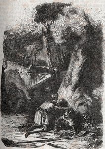 Hermonidészt feldöntötte és megmentette Zerbin – 1851-es metszet a „Dühös Roland” (Orlando furioso) (16. század) írásból Ludovico Ariostotól, Ariosta néven ismert – Tressan gróf olasz nyelvről fordított kiadása, Gustave Harvard 1851. alkotó: Unknown artist
