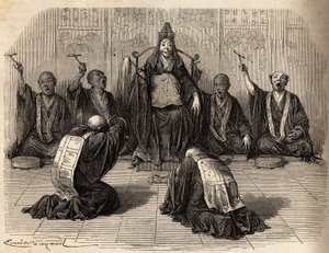 Buddhista főpapot imádják, körülvéve tanítványai, akik gonggal és cintányérokkal ritmizálják a rituálét. Aime Humbert, a Svájci Államszövetség miniszterének 1863–1864-es japán utazását illusztráló metszet a „Le tour du monde, nouveau Journal”-ban. alkotó: Unknown artist