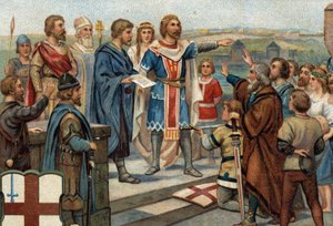 Híres városok történelmi epizódjai: Nagy Alfréd (849-899) visszaadja Londont egykori lakóinak (886), az „Alfréd és Guthrum-béke” az angolszászok győzelmét jelentette a dánok (= viking) ellen. századi kromolitográfiája. alkotó: Unknown artist