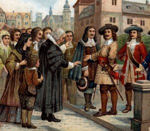Híres városok történelmi epizódjai: A nagy választófejedelem, Brandenburgi Frigyes Vilmos (1620-1688) francia emigránsokat fogadott Berlinben (1685). Üdvözölte a francia protestánsokat, akik a Nantes Edit visszavonását követően elhagyták Franciaországot. E alkotó: Unknown artist