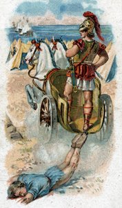 Akhilleusz életének története, a trójai háború legendás hősei: Akhilleusz kiszívja Hektor testét a tankja mögött. Kromolitográfia 1890. alkotó: Unknown artist