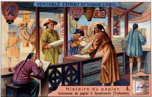 A papír története. 4. Papírkereskedelem Szamarkandban (= Szamarkand) (Turkesztán). Liebig kromolitográfia alkotó: Unknown artist