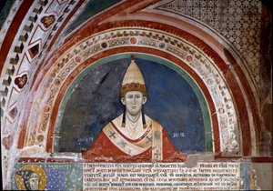 Assisi Szent Ferenc története: III. Innocenzo pápa ábrázolása, az 1210-es ferences uralmat megerősítő buborék (freskó) alkotó: Unknown artist