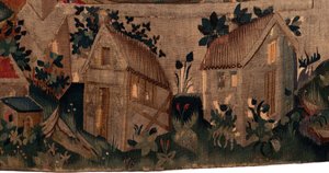 Saint Piat és Saint Eleuthère története, 7. jelenet a száműzött keresztények megkeresztelkedése, Részlet alján. Két ház. alkotó: Unknown artist