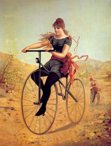 A kerékpár története: velocipédista vagy női pedál a biciklin. századi nyomatok alkotó: Unknown artist