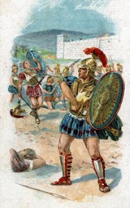 Akhilleusz, a trójai háború legendás hőse életének története: Patroklosz engedélyt kap Akhilleusztól, hogy fegyverei segítségével megmentse a görögöket. Hektor fogja megölni, aki zsákmányul veszi Akhilleusz fegyvereit. Kromolitográfia 1890. alkotó: Unknown artist