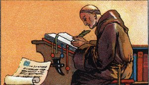 Az írás története: egy másoló szerzetes kéziratokat másol a középkorban, 20. század eleje (chromo) alkotó: Unknown Artist
