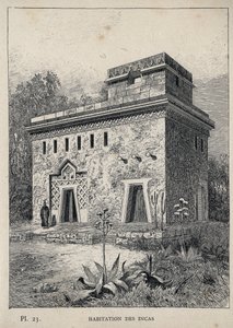 Az inkák lakóhelye – 1889-es metszet az „Emberi lakhatás története az 1889-es egyetemes kiállításon, Charles GARNIER úr – Librairie centrale des beaux-arts Paris 1889” c. alkotó: Unknown artist