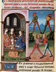 Hogyan gondoljanak a szülők gyermekeikre; Octavianus gyermekei lovagiasságot és gyapjúmunkát tanulnak”” Miniatűr a „” Le livre de bonnes moreurs de Jacques Legrand”-ból”” alkotó: Unknown artist