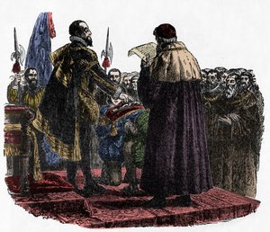 Hugh Capet letette az uralkodói esküt – Hugues Capet (kb. 941-996) a frankok királya, aki 987 és 1882 között tette le az uralkodói esküt alkotó: Unknown artist