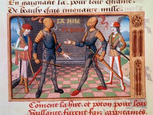 Százéves háború: „Etienne de Vignoles vagy Vignolles dit La Hire (Lahire) (1390-1443) és Jean Poton, Xaintrailles (vagy Saintrailles) ura (v. 1400-1461), Joan of Arc társa, kapitányok ”” Megvilágított miniatűr a kéziratból „” Vig alkotó: Unknown artist