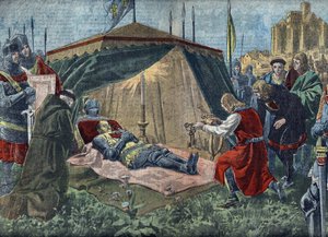 Százéves háború: "La mort de Bernard du Guesclin (1320-1380) devant Chateauneuf de Randon le 13/07/1380" - Duguesclin halála (Chateauneuf-de-Randon ostroma során 1380. július 13-án) - Illutration from "Le pelerin" 7 august 1921 Private alkotó: Unknown Artist