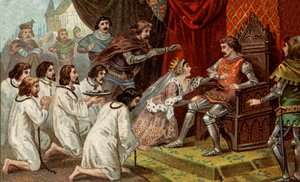Százéves háború. A calais-i polgárok: Szent Péter Eustache és társai kegyelmüket kérik III. Edward angol királyhoz, akit Philippa hainaut-i királynő (1311-1369) támogat. A 19. század végének kromolitográfiája. alkotó: Unknown artist