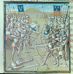 Százéves háború: a crecy-i csata 1346.08.26-án a franciák és az angolok között. Miniatűr egy 14. századi kéziratból, Párizs, Bibliotheque de l