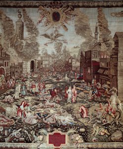 Magyarország hódítása: „” Az osztrákok 1686. 09. 02-án visszaveszik Budát az oszmán törököktől” Buda a mai Budapest része. A hadurak Lotharingiai V. Károly és Emanuel Miksa II. Erőszaki jelenetek, háztüzek. Gobelin részlete. 17. sz alkotó: Unknown artist