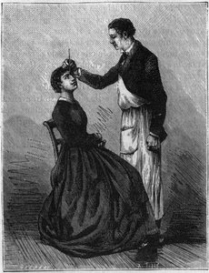 Hipnózis jelenségek: Hipnózis, amelyet a szemek közötti ceruzatartó rögzítése okoz. Metszet 1881-ből. alkotó: Unknown artist