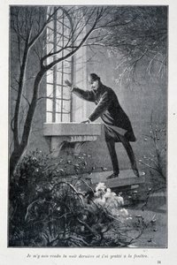 Tegnap este elmentem, és megkarcoltam az ablakot, amely illusztráció Conan Doyle „Sherlock Holmes főszereplései” című művében. SD. 1890 körül alkotó: Unknown artist