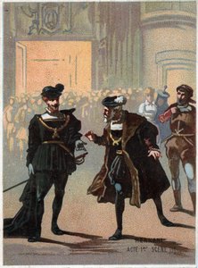 Giuseppe Verdi (1813 - 1901) olasz zeneszerző „” Ernani” című művének illusztrációja, az opera 1. felvonása, II. jelenete, 1844-ben, Victor Hugo „” Hernani”” tragédiája után. A 19. század végének kromolitográfiája. alkotó: Unknown artist