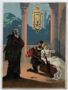 Giuseppe Verdi (1813 - 1901) olasz zeneszerző „” Ernani” című művének illusztrációja, 5. felvonás, opera VI. jelenete, 1844-ben, Victor Hugo „” Hernani”” tragédiája után. A 19. század végének kromolitográfiája. alkotó: Unknown artist