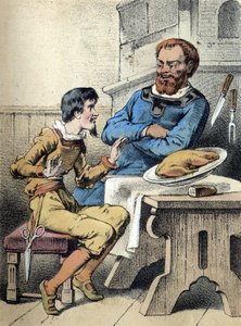 Illusztráció Franz Hoffmann „Mesék és mesék – A vidám kis szabó” című meséiből. századi kromolitográfiája. alkotó: Unknown artist