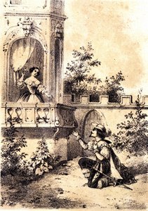 Illusztráció a „The King make the drum beat” című dalhoz: egy férfi kijelenti szerelmét egy nőnek az ablakánál. SD. alkotó: Unknown artist