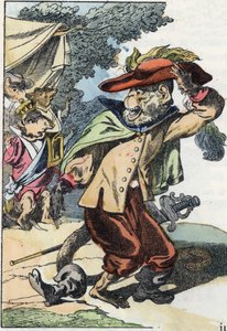 A „Szörnyű Raminagrobis és az egerek” című mese illusztrációja” karakter Jean de la Fontaine meséit rajzolja. A „” Mesék otthonról a kicsiknek” c. századi névtelen metszet. alkotó: Unknown artist