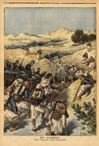 Algériában egy zászlóalj, amelyet a lovassággal megerősített Zouaves egész zászlóalj szervezett az algíri bíróság által háromszor halálra ítélt Areski ben Bashir elfoglalására. Metszet a „” Le petit Journal”-ban, 1893.12.23. Selva gyűjteménye. alkotó: Unknown artist